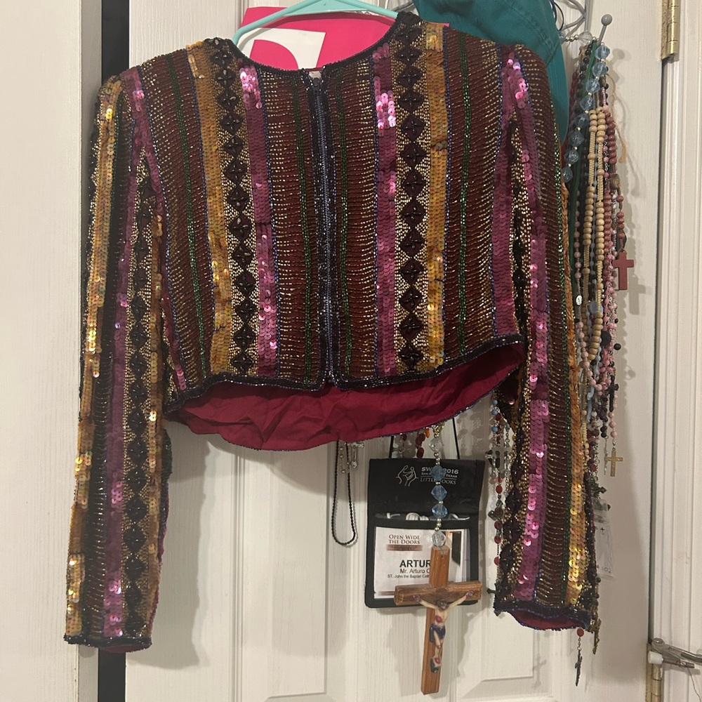 Adrianna Papell Striped Sequin Zippered Jacket in Pink and Gold
